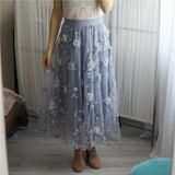Women Embroidery Appliques Elastic High Waist Long Skirt