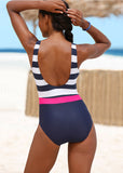 Women Striped One Piece Backless Swimsuit
