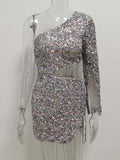 Women One Shoulder Glitter Sequin Mini Dress