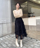 Women Embroidery Appliques Elastic High Waist Long Skirt