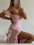 Women Summer Pink Flower Split Dress