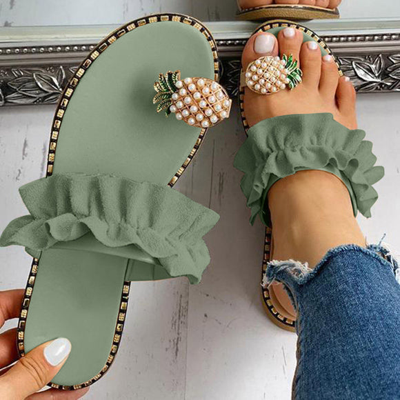 Women Pineapple Pearl Flat Toe Summer Sandals