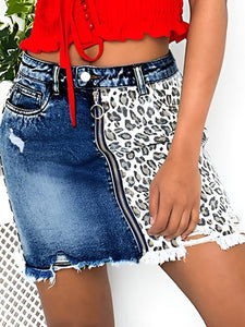 Women Denim Leopard Print Mini Skirt