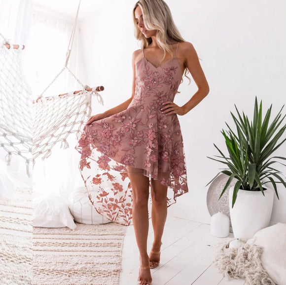 Sexy irregular Pink Lace Summer Dress